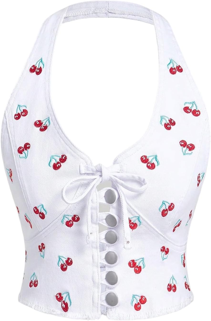Milumia Women's Cherry Print Deep V Neck Denim Halter Tops Y2K Backless Bow Tie Front Jean Tank Top