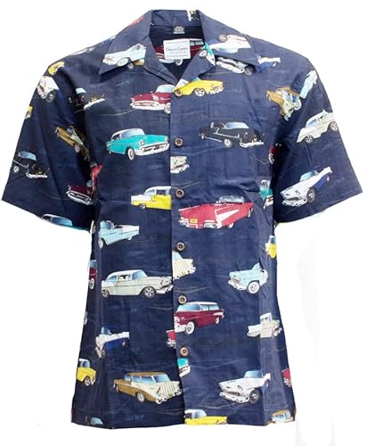 David Carey Chevrolet Camp Shirt – Retro Inspired – Button Up Collared Short Sleeve Navy Blue Club Shirt, XL