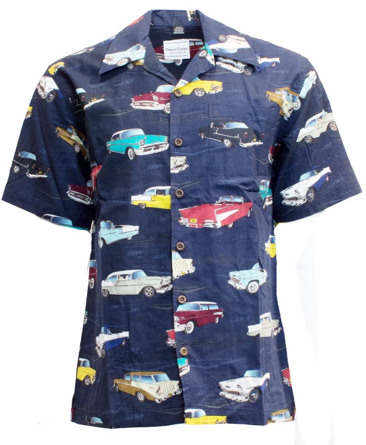 David Carey Chevrolet Camp Shirt – Retro Inspired – Button Up Collared Short Sleeve Navy Blue Club Shirt