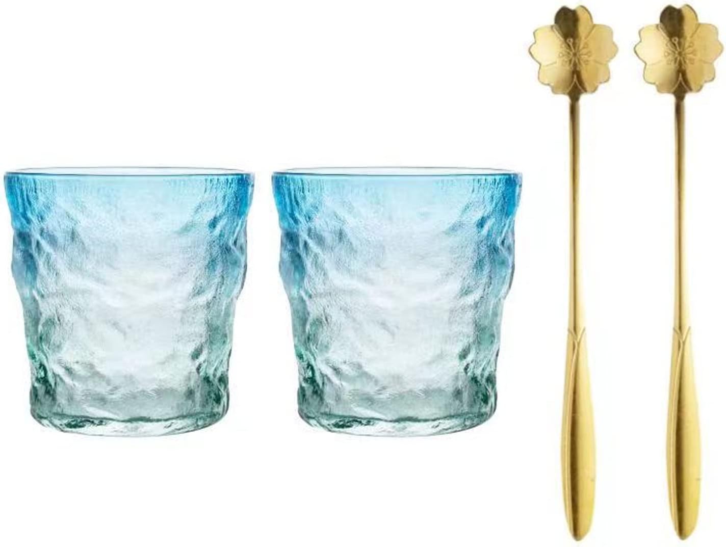 Giftik 2 Pack Gradient Blue Glacier Glasses Cup with Spoon for Lovers Friend Family,Glasses Cup Juice Drinks Beer Red Wine Cocktail Whisky for Home Office Bar Hotel (300ML)