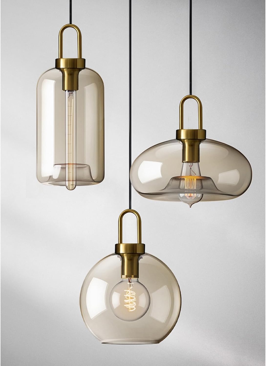 EKSED Lampadario Sospensione Vetro Ambra - Lampada a Sospensione Vintage con Portalampada E27 e Testa in Ottone per Isola Cucina, Sala da Pranzo o Camera da Letto (C)