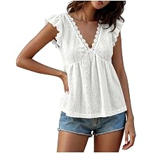 wodceeke Women Loose Blouses Eyelet Lace V Neck Cap Sleeve Summer Shirts Ladies Daily Trendy Casual Tops