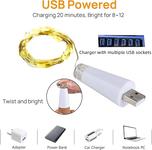 Miniatura 6 de Luces para botellas de vino con interruptor de corcho para botellas de licor, paquete de 4 unidades, recargable, funciona con pilas, 20 tapones para