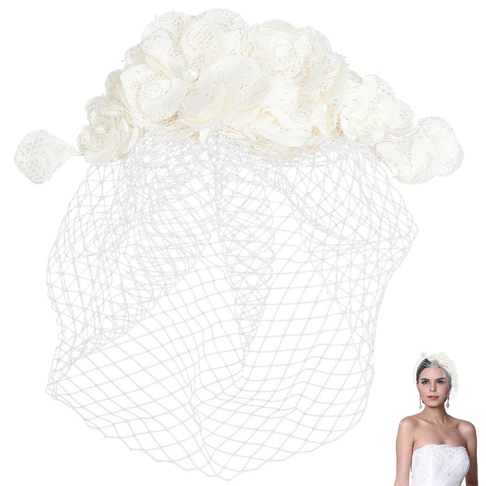 1920s Fascinator Beige Flower Pearl Mesh Veil Headband Vintage Elegant Floral Headpiece Fascinators with Hair Clips for Women Bridal Wedding Prom Tea Party Anniversary Headwear Accessories