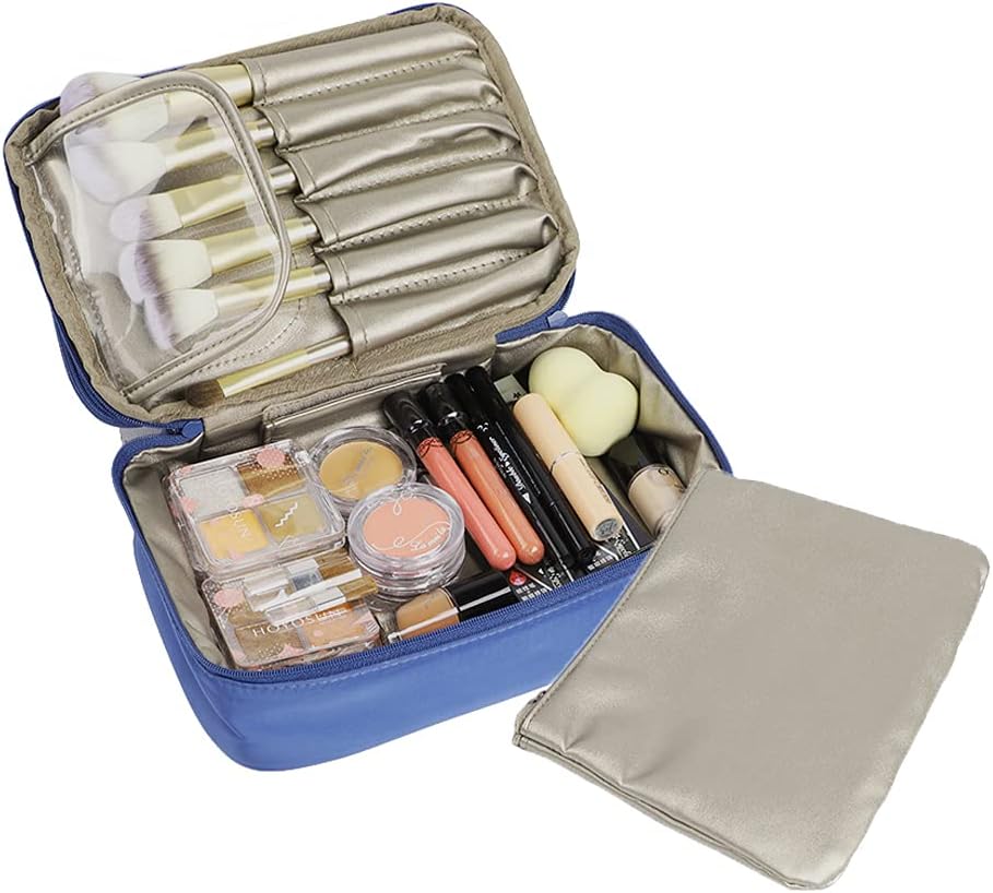 Two-Layer Zipper Nylon Soft Cosmetic Bag Jewelry Case Lightweight Travel Brush Kits Makeup Toiletries Organizer