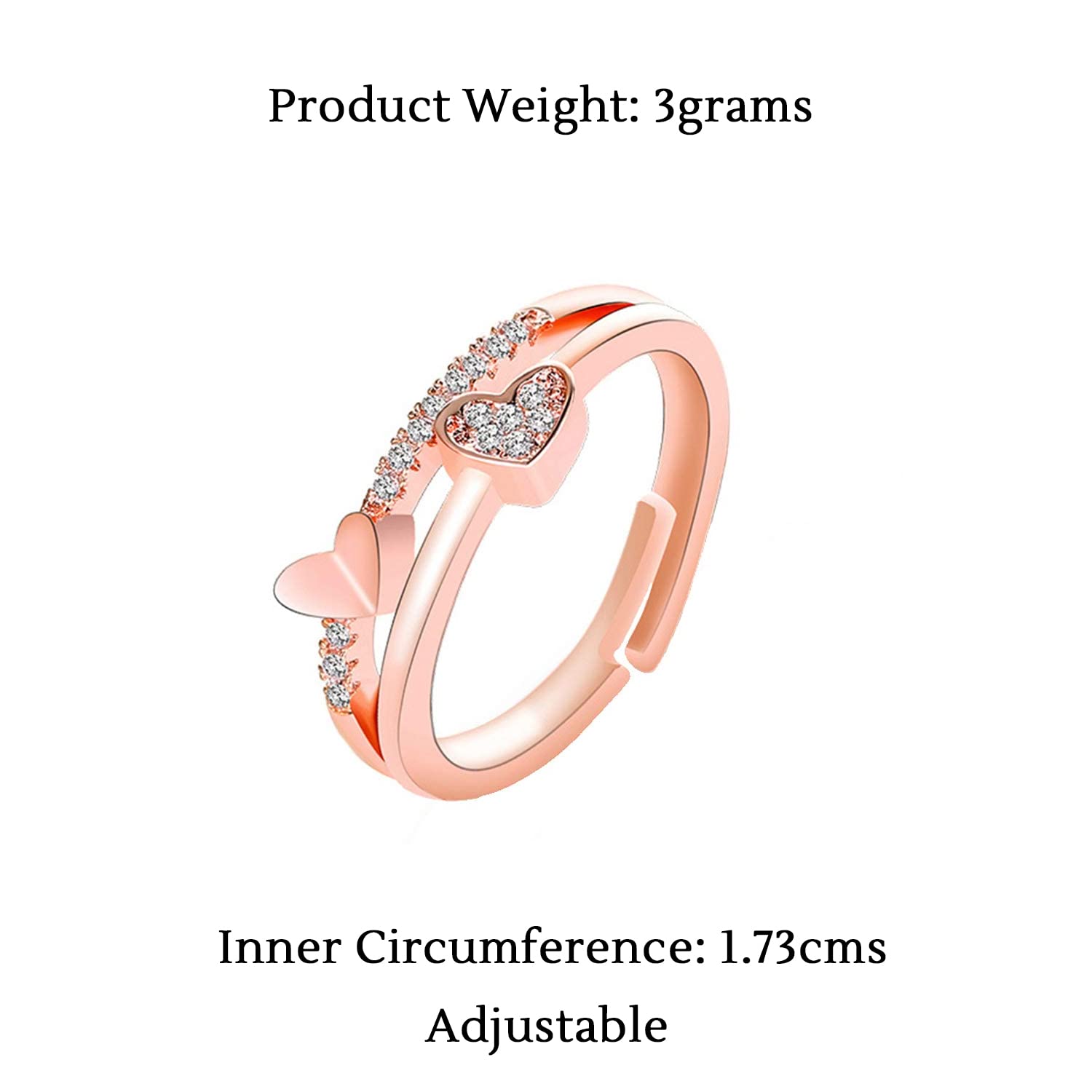 Yellow Chimes Copper Rose Gold Exclusive Valentine's Collection Love Sparkling Dual Heart Cubic Zirconia Rosegold Plated Adjustable Rings for Women and Girl 4