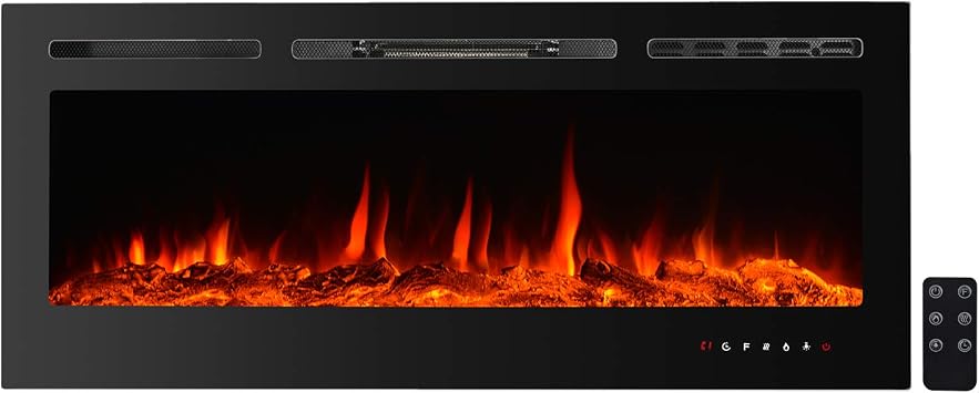 CharaVector 50" Recessed Electric Fireplace Insert - 46.93" in-Wall Opening, 12 Color LED Flame with Logs & Crystals, Touch+Remote Control, 1500W Heater, ETL Certified Black