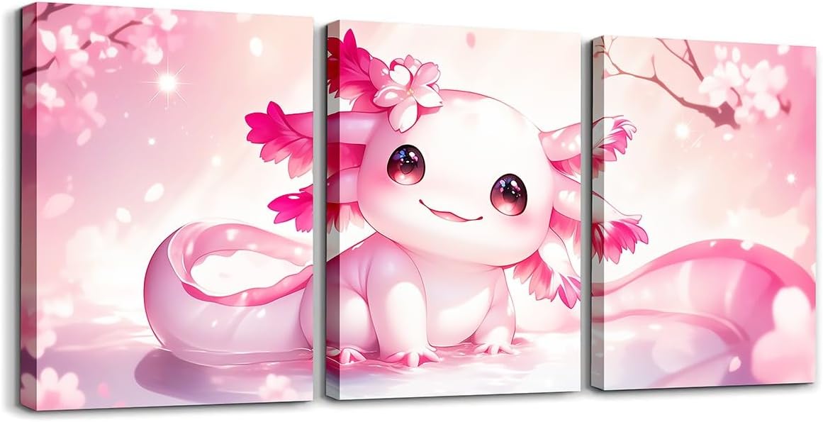 Erosebridal Cartoon Axolotl Canvas Wall Art Of 3 Pieces Artwork, Sakura Cherry Blossom Wall Decorations Japanese Ukiyo-E Wall Painting for Kids Girls, Cute Salamander Axolotl Poster, Pink Romantic