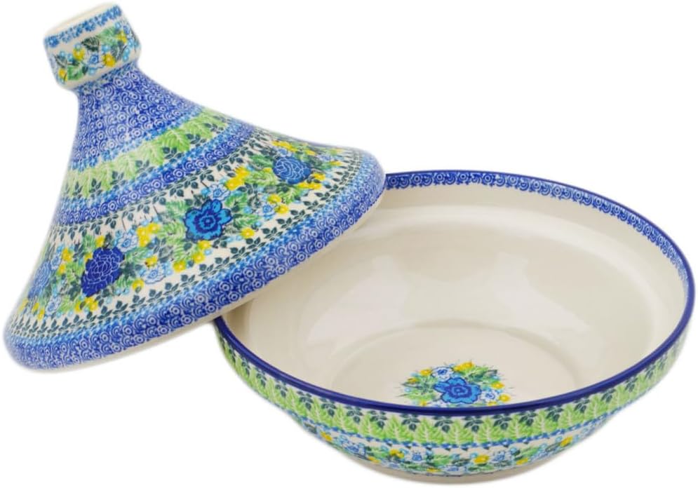 Polmedia Polish Pottery Tagine Pot UNIKAT - Lime Bouquet Pattern Handmade in Boleslawiec Poland by Ceramika Artystyczna + Certificate of Authenticity