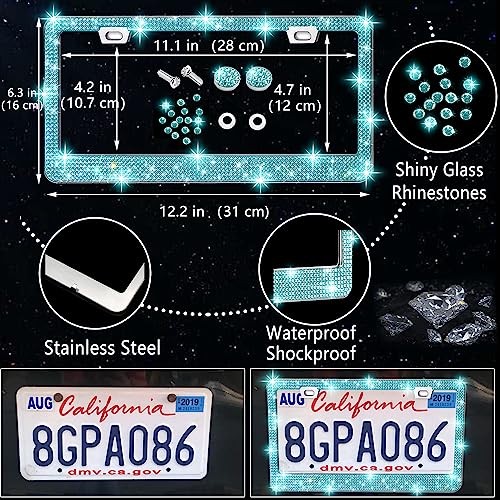 Image of NBTEPEM 27 PCs Aquamrine Bling Car Accessories Set for Women, Steering Wheel Covers Universal Fit 15 Inch, Bling License Plate Frame, Bling Phone Holder, Bling Car Coasters (Aquamrine Diamond)