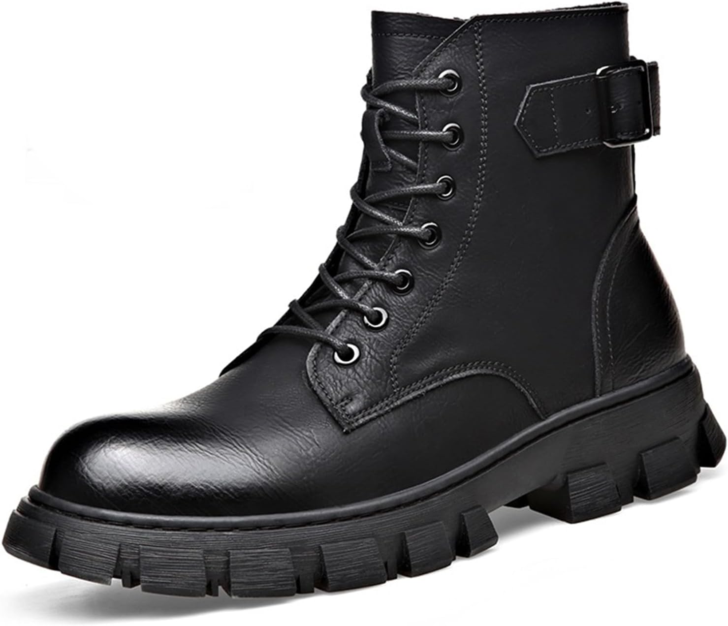 Mens Side Zipper Oxford Boots Comfy Round Toe Splicing Lace-Up Low Chunky Heel Height Increasing Business Chukka Dress Boots For Walking Daily