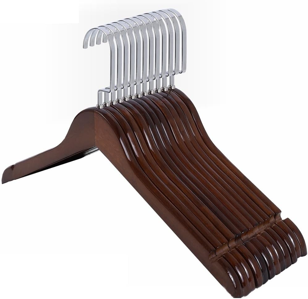 Coat Hangers 10 Pcs Wooden Hangers for Clothes,Wardrobe Storage Drying Rack with Non Slip Shoulder,Suit Coat Shirt Trousers Sweater Organizer,Classic-Length 38cm