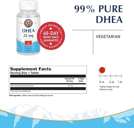 KAL DHEA Vegetarian Tablets - Dehydroepiandrosterone Supplement for Women & Men, Wellness Support, Micronized Formula with 99.5% Pure DHEA, 25mg per Serving - 60 Count Tablets