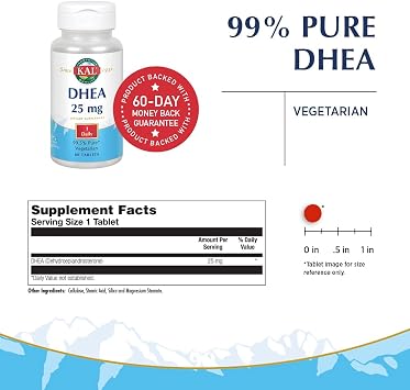 KAL DHEA Vegetarian Tablets - Dehydroepiandrosterone Supplement for Women & Men, Wellness Support, Micronized Formula with 99.5% Pure DHEA, 25mg per Serving - 60 Count Tablets