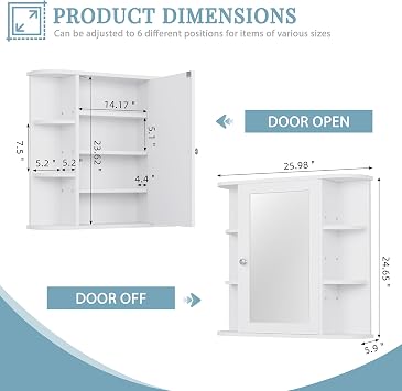 Shintenchi Bathroom Medicine Cabinet with Mirror, Wall Mounted, White
