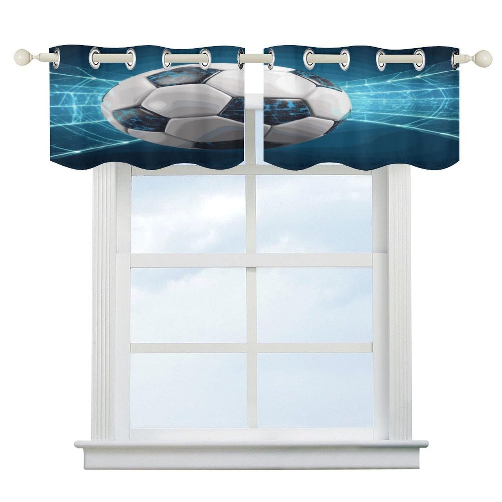 Cortinas opacas que bloquean la luz con diseño de fútbol, cenefa corta térmica para baño y dormitorio