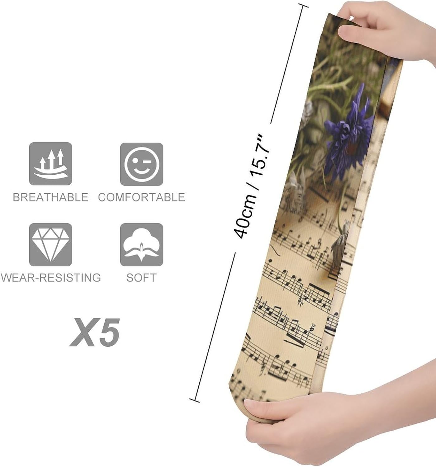 5 Pairs Knee High Socks Music Sheet Long Tube Boot Seamless Toe