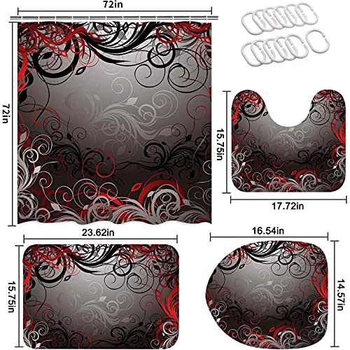 Lnond Abstract Swirl Shower Curtain Sets With Rugs And Toilet Lid Cover And Bath Mat For Bathroom, Black Red Gold Floral Shower Curtain Sets With 12 Hooks, Waterproof Durable Bathroom Decor Set #TOP3