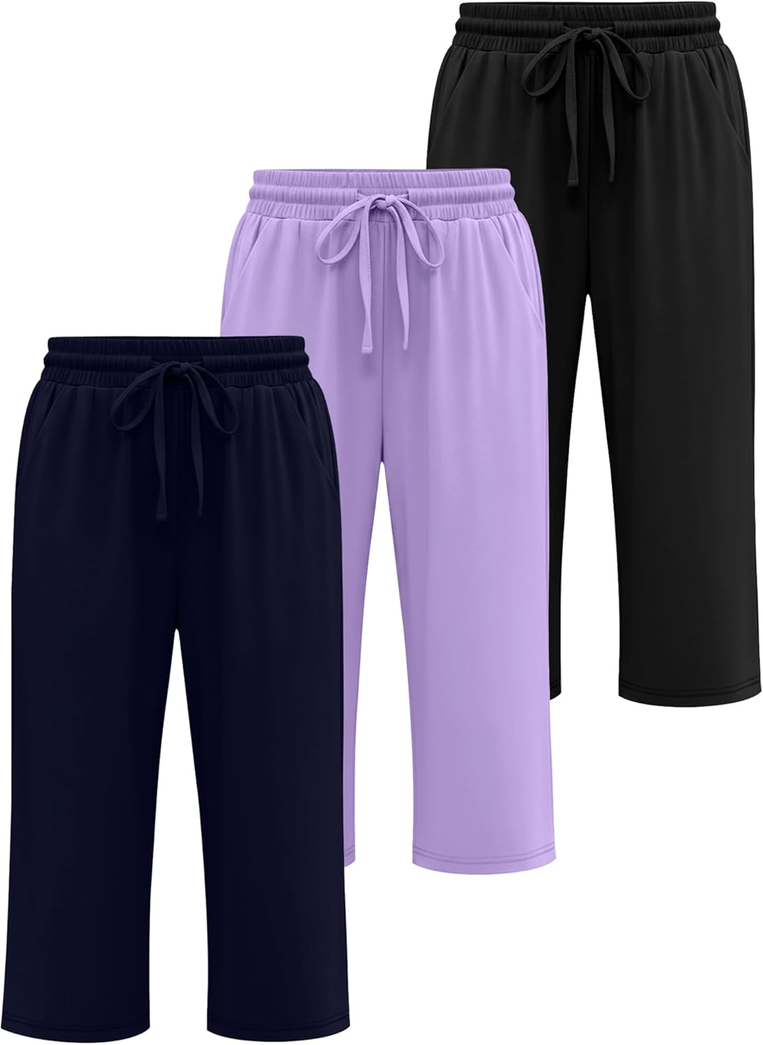 Huukeay 3 Pack Women's Capri Pants, Drawstring Lounge Capris Wide Leg Cropped Pants with Pockets Workout Yoga Joggers - Image 3