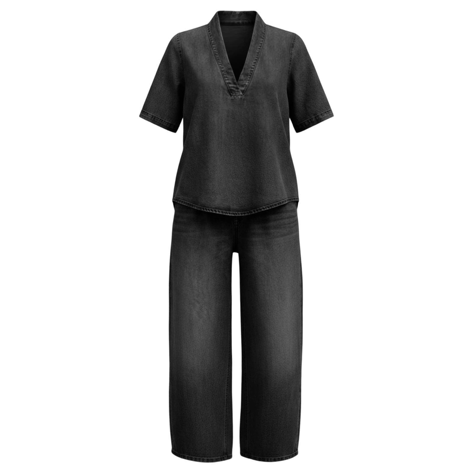 Ensemble Jean Femme 2 Pieces Été Chic Et Élégant Léger San Manches Chemise Col V Pantalon Large Fluide Tenue De Jogging Maison Ample Lâche Couleur Unie Elegant Décontractée Loungewear Grande Taille
