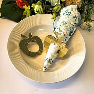 Set of 12 Shana Tova Acrylic Napkin Rings,Acrylic Mirrored Apple Shape for Elegant Weddings,Rosh Hashanah Celebrations & Special Events (Gold, Apple)