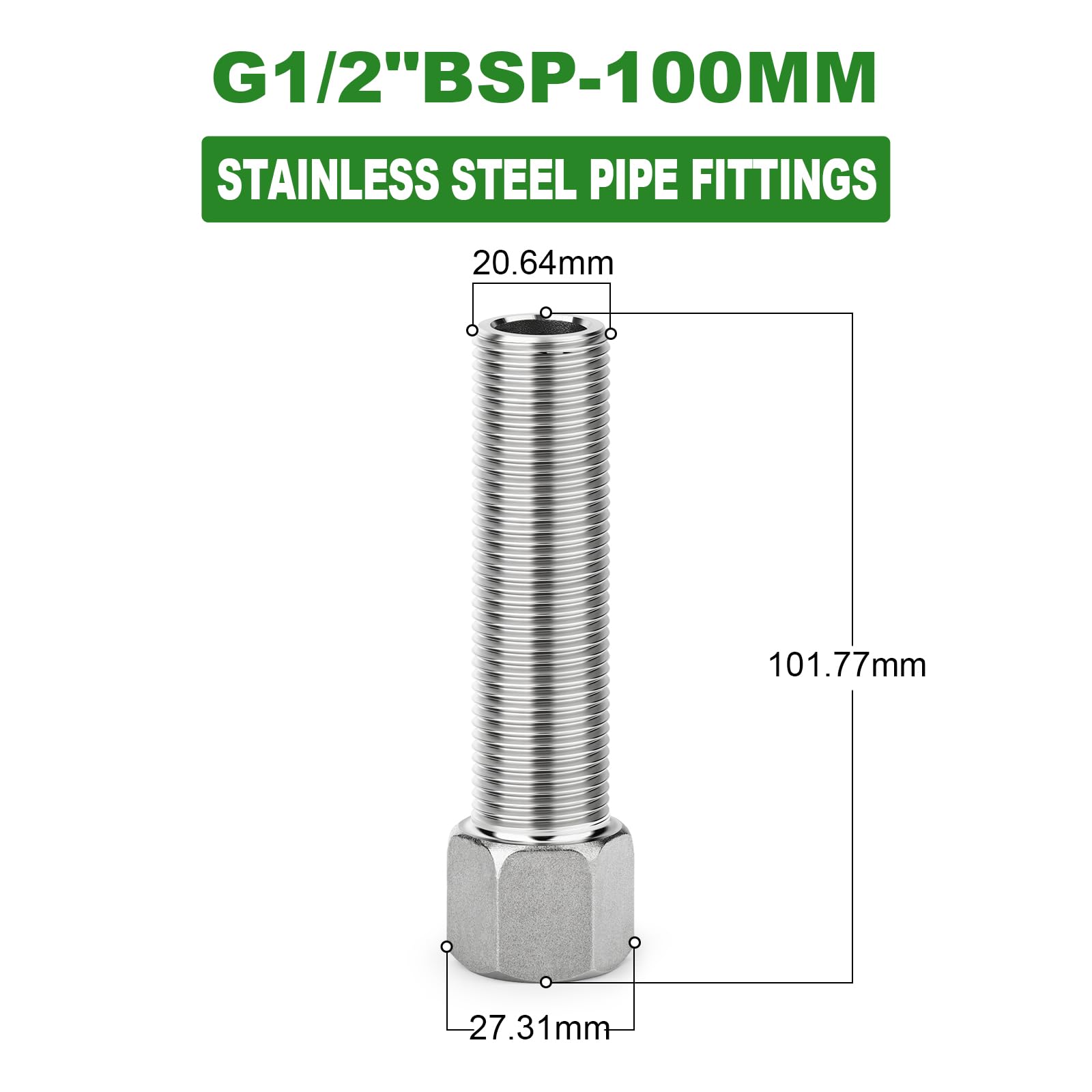 TAISHER 2 szt. złączki do rur ze stali nierdzewnej 304, adapter sześciokątny przedłużający, rura męska 1/5.1 cm x rura żeńska 1/5.1 cm, długość 100 mm/3,94 cala