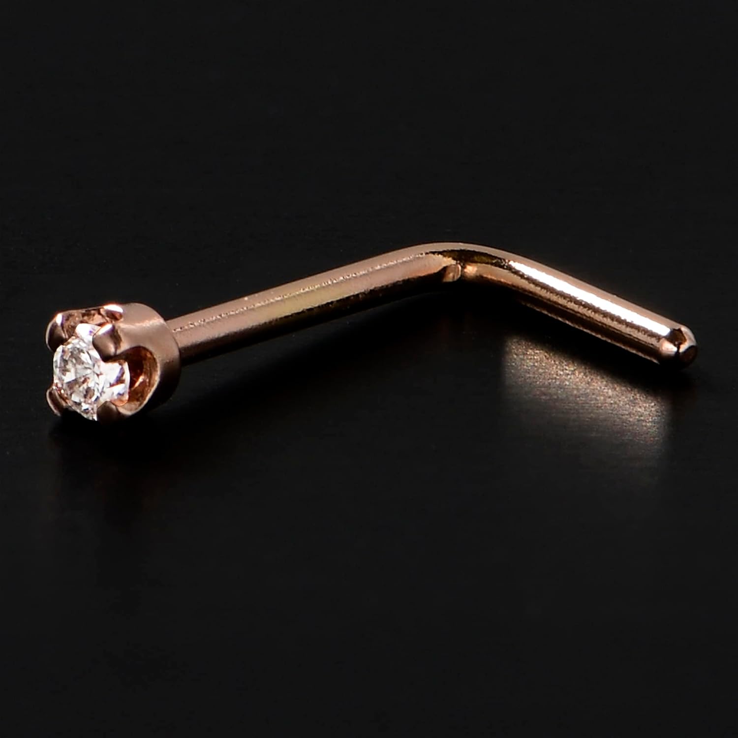 Body Candy 14k Rose Gold 1.5mm (0.015 cttw) Genuine Diamond L Shaped Nose Stud Ring 20 Gauge 1/4"