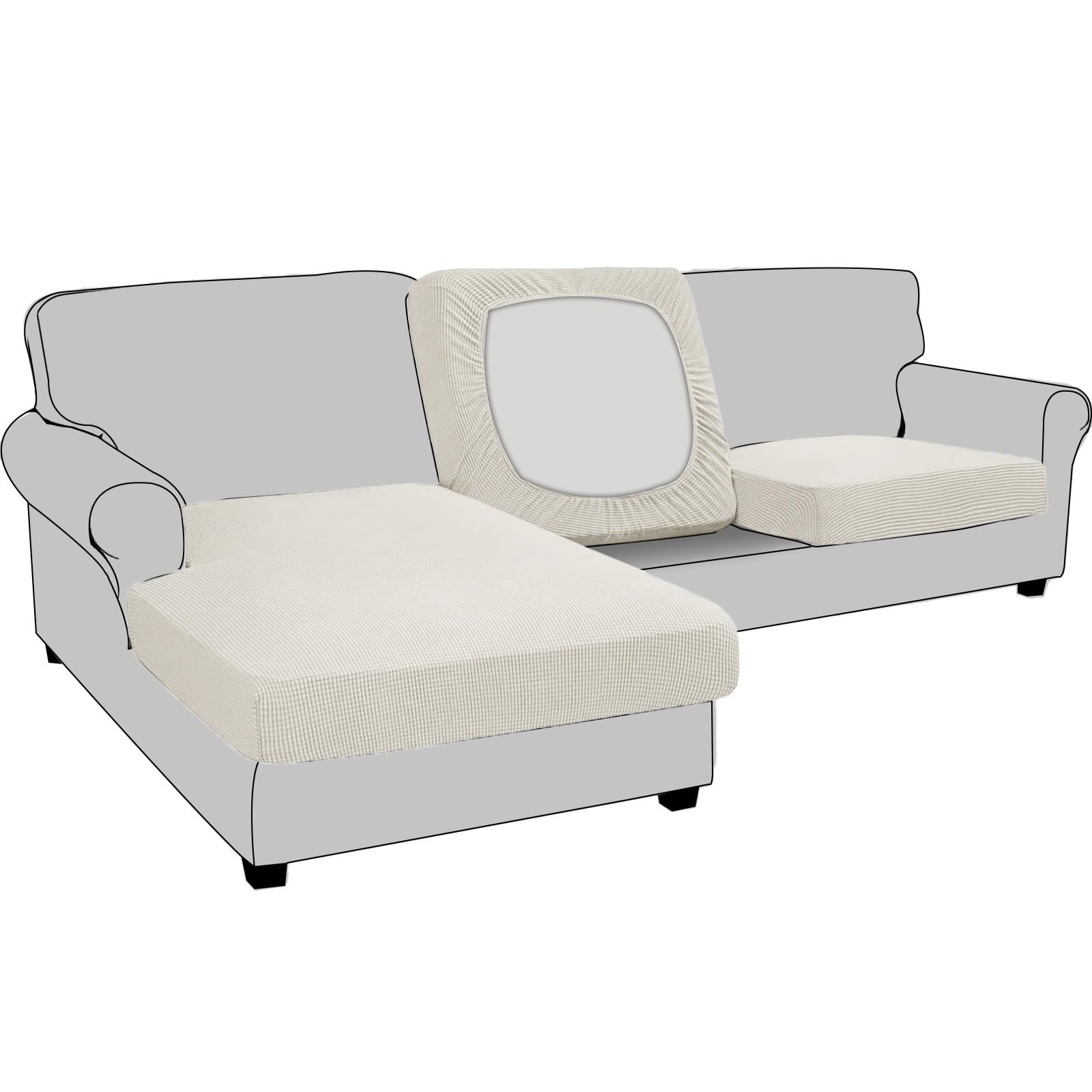 BXFUL Stretch Sofa Seat Cushion Cover Replacement, Fitted Sofa Couch Cushion Covers Furniture Protector, Checks Jacquard Spandex Fabric (Large 3-Seater,White)