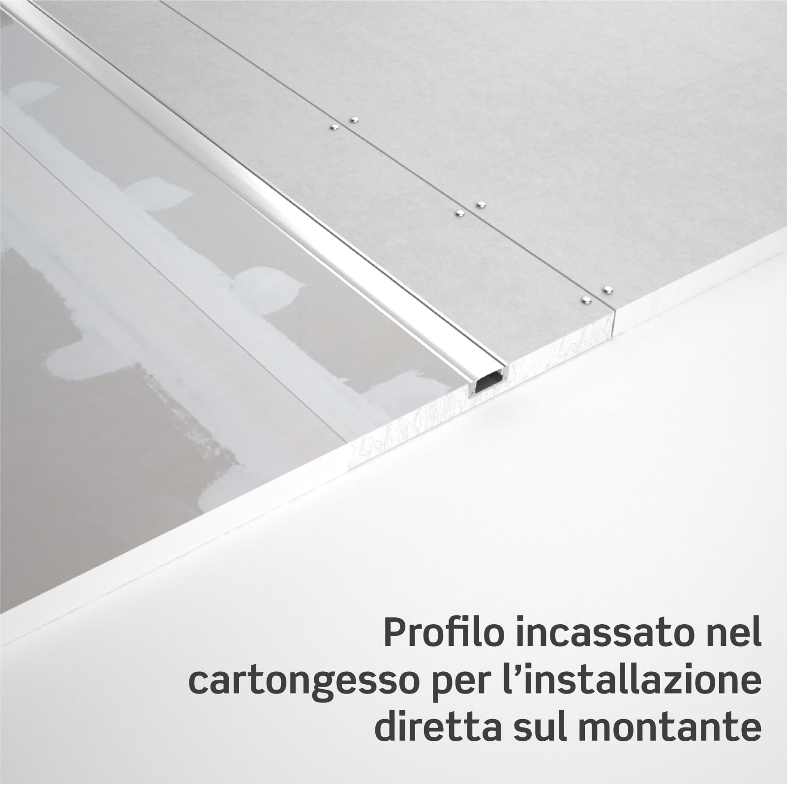 Eurocali Profilo Alluminio per Strisce LED Integrato nel Cartongesso - spessore 12,5mm - Facile da Montare - Gomma di Protezione Stuccatura - Conf. da 5 pezzi 2mt x 12cm