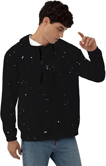 Men's Fleece Pullover Hoodies, Black White Dot Printed Casual Drawstring Hooded Sweatshirts