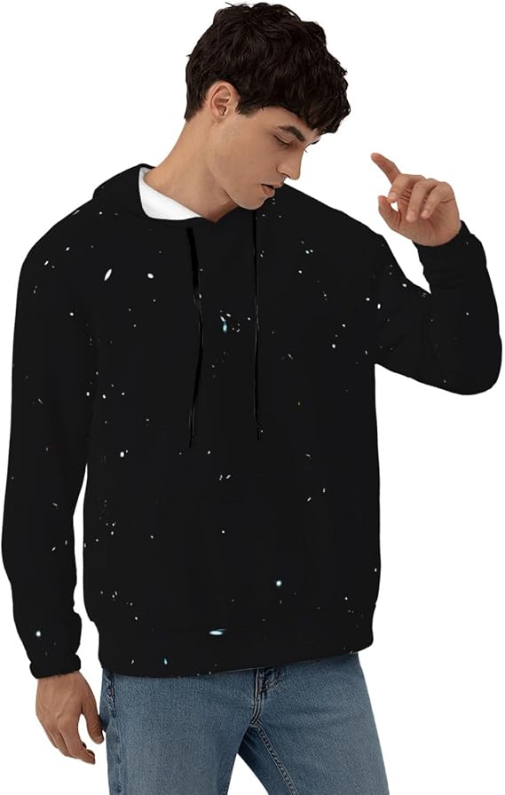 Men's Fleece Pullover Hoodies, Black White Dot Printed Casual Drawstring Hooded Sweatshirts