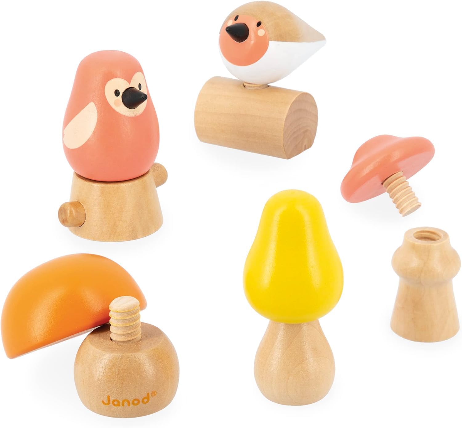 Janod 2 Birds and 3 Screw-On Mushrooms for Awakening and First Age Develops Dexterity - FSC-WWF Partnership Wooden Toy from 18 Months, Multicoloured, One Size