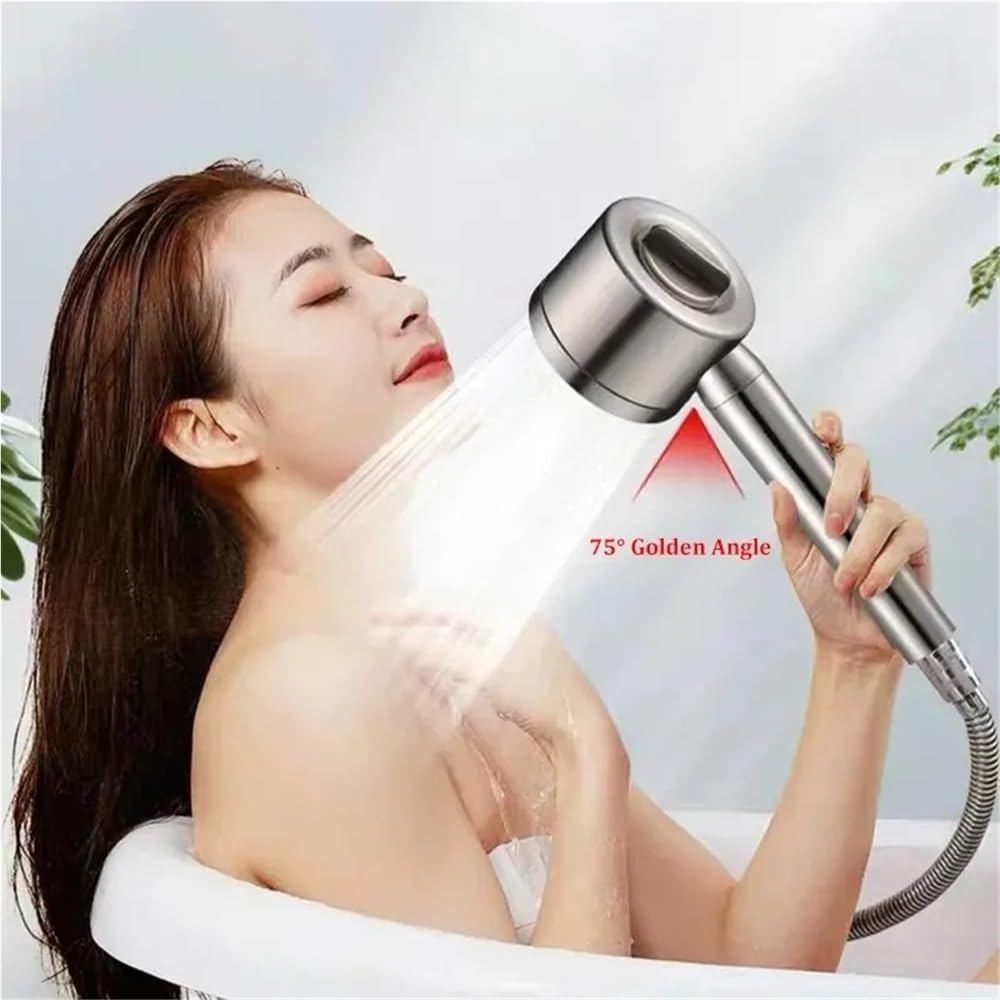 304 Stainless Steel Handheld Shower Nozzle Filter Booster Large Water Volume Household Universal Shower Head Set(Silver-1.5m hose)