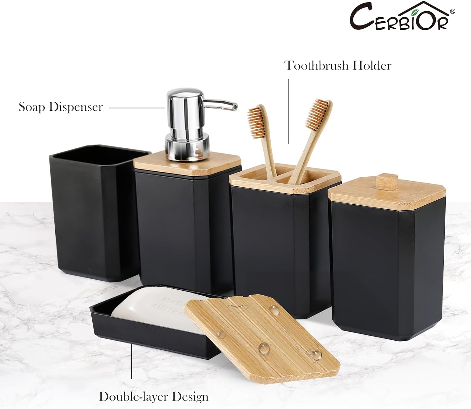 CERBIOR Bathroom Accessories Set 7 Piece Bath Ensemble Includes Soap Dispenser, Toothbrush Holder, Toothbrush Cup, Soap Dish for Decorative Countertop and Housewarming Gift (Black)