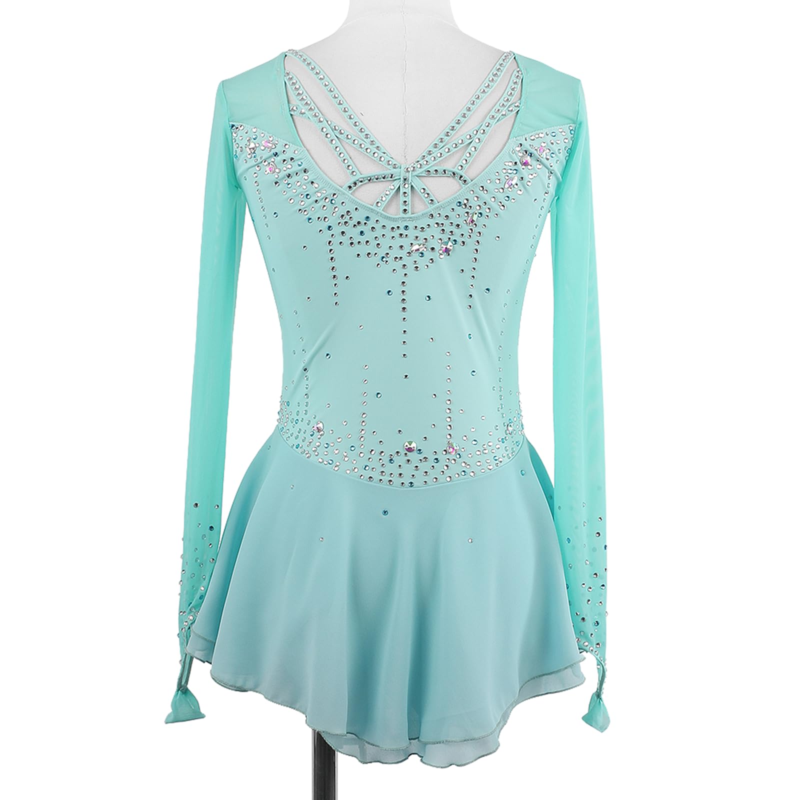 Vestido de patinaje artístico, traje de competición de manga larga con diamantes de imitación, leotardo de danza de ballet lírico y gimnasia, vestido de patinaje sobre hielo (azul aguamarina XXL