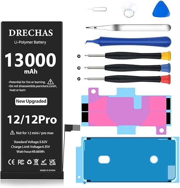 [13000mAh] Battery for iPhone 12, Upgraded Capacity 0 Cycle Li-Polymer Replacement Battery for iPhone 12/12 Pro Models A2172, A2402, A2403, A2404 with Complete Professional Repair Tool Kit