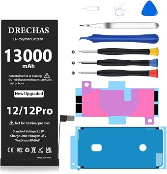 [13000mAh] Battery for iPhone 12, Upgraded Capacity 0 Cycle Li-Polymer Replacement Battery for iPhone 12/12 Pro Models A2172, A2402, A2403, A2404 with Complete Professional Repair Tool Kit