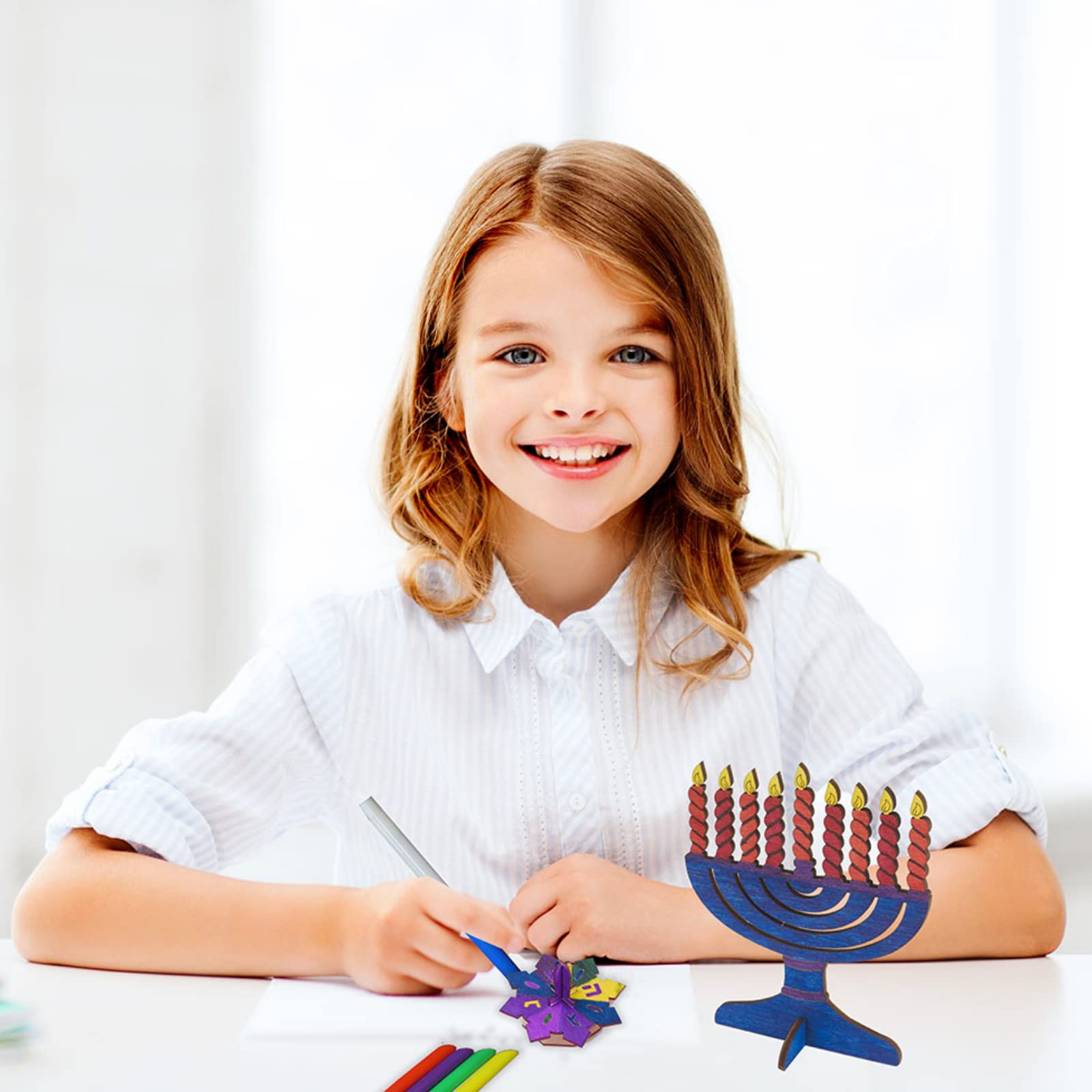 Chanukah Wood Craft Kit - Design Your Own Menorah, Dreidels & Sign With Markers