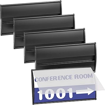 Set of 5 –Sturdy & Elegant Black Aluminum Wall Mount Name Plate Holder, Office Business Door Curved Sign Holder with Adhesive Tape, 8” X 4” - Plastic Film Included, Paper Inserts NOT Included