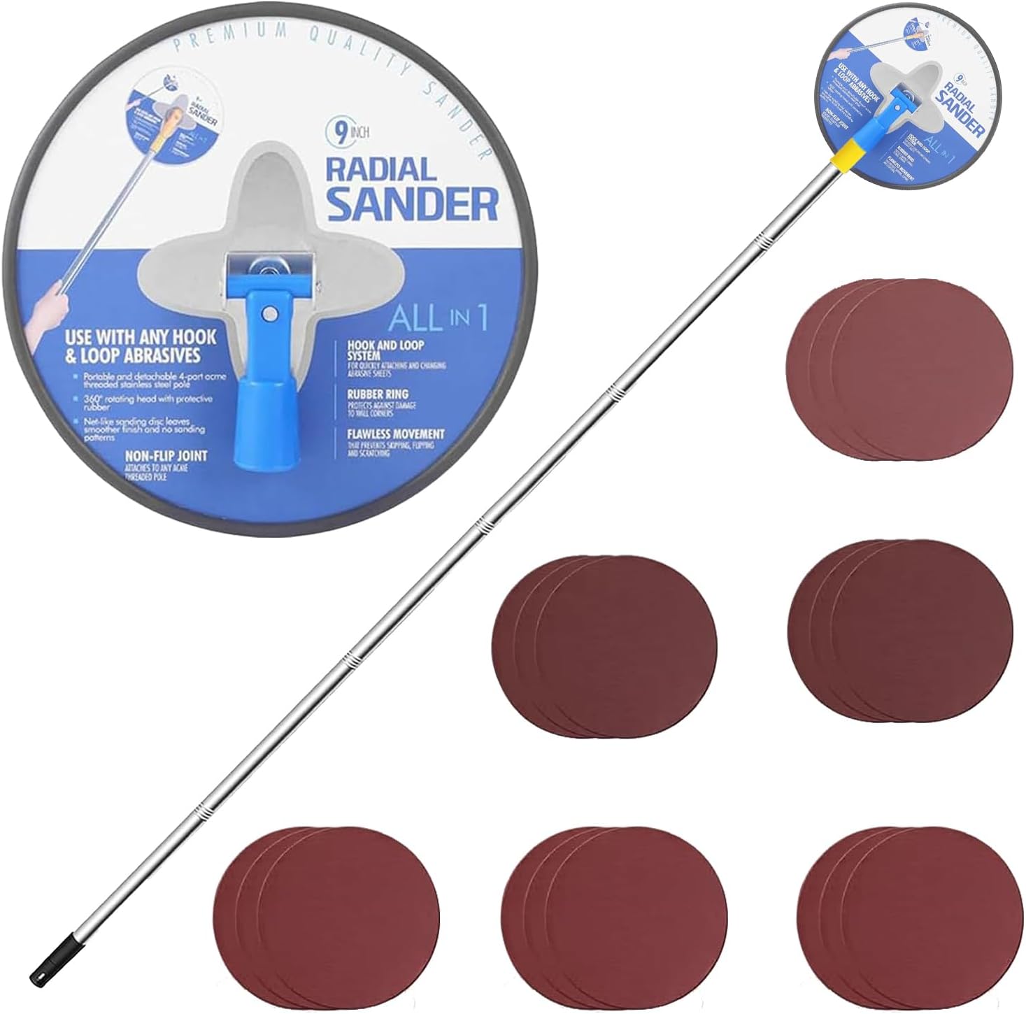 Pole Sander for Drywall,71in Manual Hand Drywall Sander with Extension Pole,9-Inch Radial Wall and Ceiling Sanding Machine Includes 18pcs Sanding Sheets (80,100,120,180,240,360Grit)