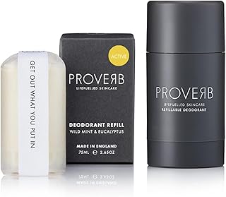 Proverb | Natural Refillable Deodorant Starter Set | Vegan & Aluminium Free | Wild Mint & Eucalyptus 70g | Active Sports Strength | Long Lasting Protection | Grey Case