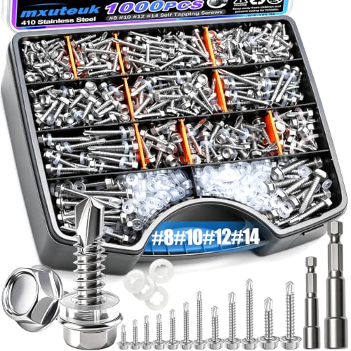 mxuteuk 1000PCS #14#12#10#8 Self Tapping Screws,410 Stainless Steel Self Drilling Screws,Hex Head Sheet Metal Screws with Rubber Washers for Metal,Plastic,Wood(Length 1/2