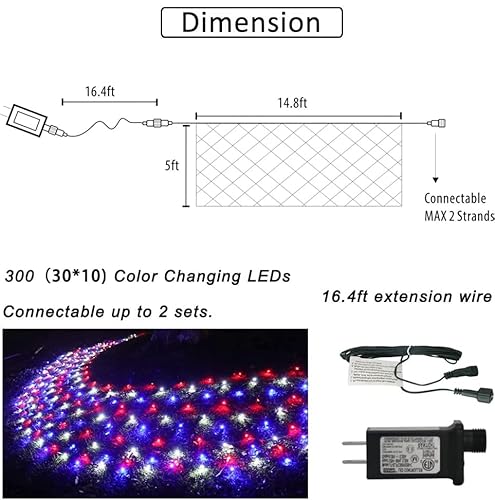 4Th Of July Decorations Net String Lights Outdoor Red White And Blue Lights Waterproof, 14.8Ft X 5Ft 300 Led Independence Day Net Lights 8Modes Patriotic Lights For Bushes Party Yard Garden Decor #TOP4