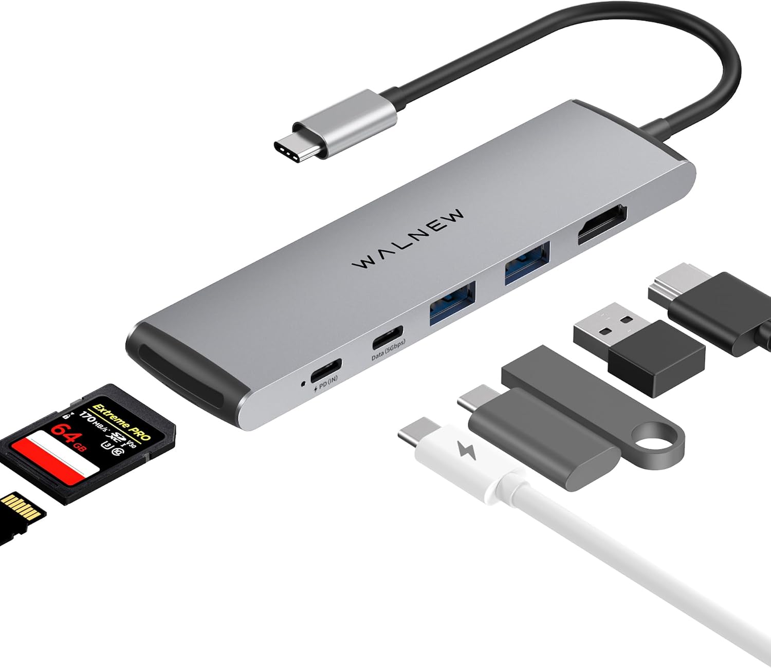 WALNEW 7-in-1 USB-C Hub, 4K HDMI, 100W PD, 3x5Gbps Ports, SD/TF Reader