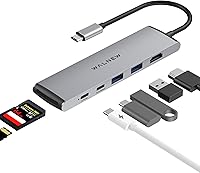 Vista 8 de WALNEW Hub USB-C 7 en 1 con HDMI 4K, 100 W PD, puerto de datos de 5 Gbps (1 tipo C y 2 USB 3.0), lector SD/TF, adaptador multipuerto Thunderbolt 4