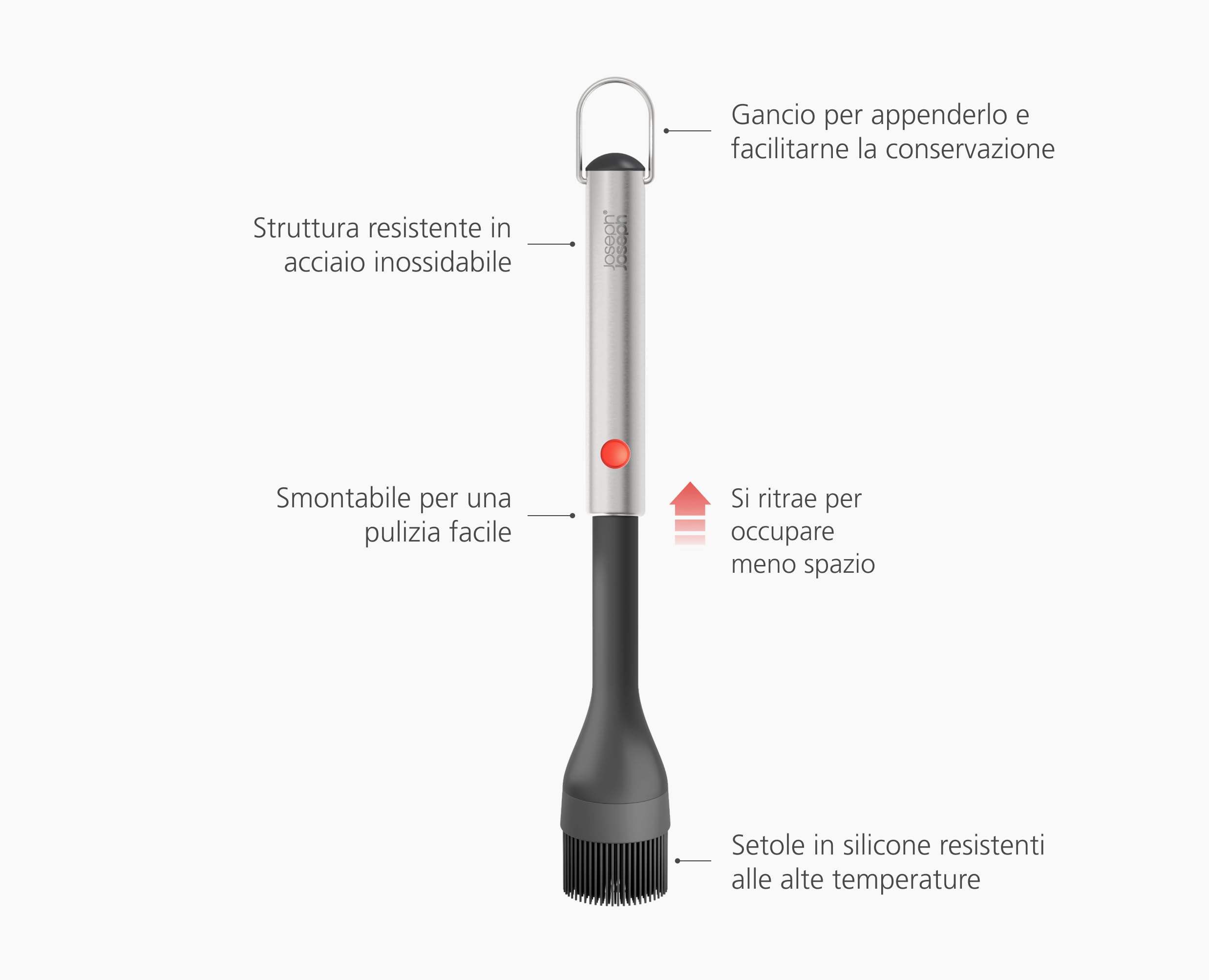 Joseph Joseph GrillOut Pennello per BBQ in Silicone con Testa Retrattile, Setole Resistenti ad Alte Temperature, Manico in Acciaio Inox, Facile da Pulire