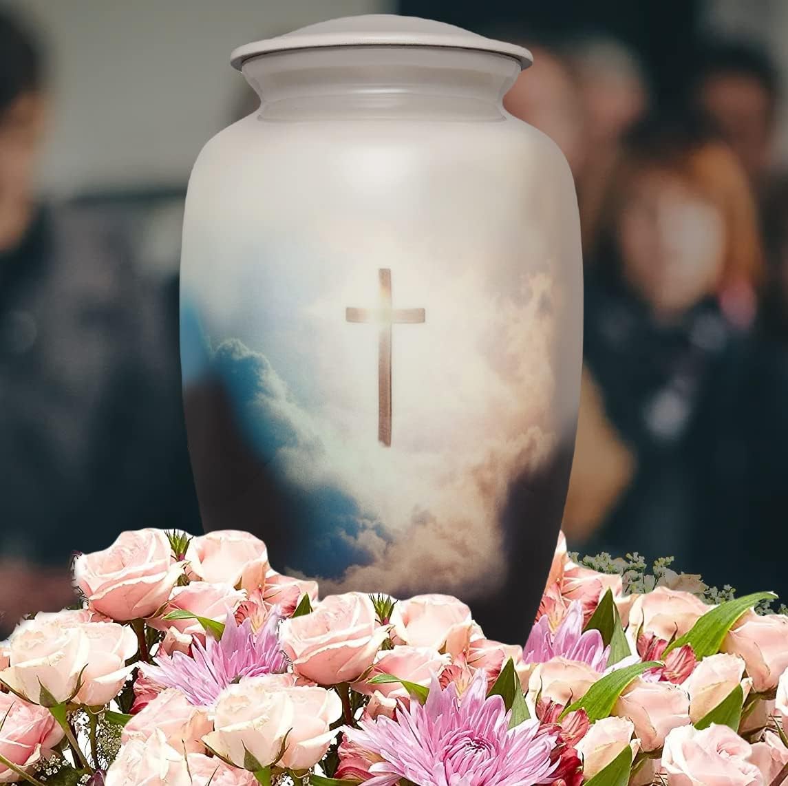 Extra Large Urn - up to 350 pounds - Cross in Sky Cremation urn for Memorial, Funeral or Burial for Human Ashes - Extra Large Size 13 inches in Heigh