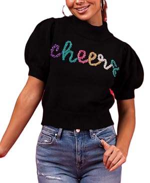 Women Christmas Sweater Mock Neck Puff Short Sleeve Knit Pullover Top Cute Bow Graphic Sweater Y2k Aesthetic Knit