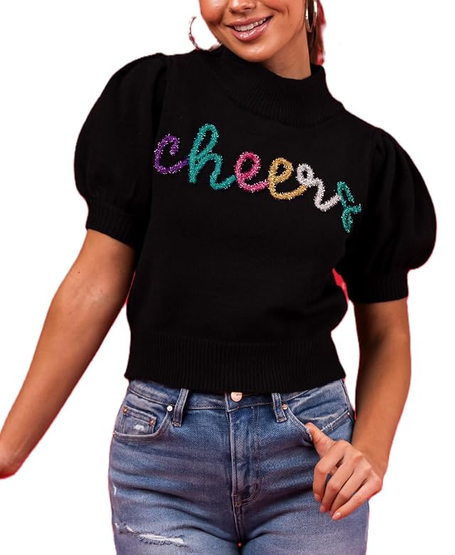 Women Christmas Sweater Mock Neck Puff Short Sleeve Knit Pullover Top Cute Bow Graphic Sweater Y2k Aesthetic Knit