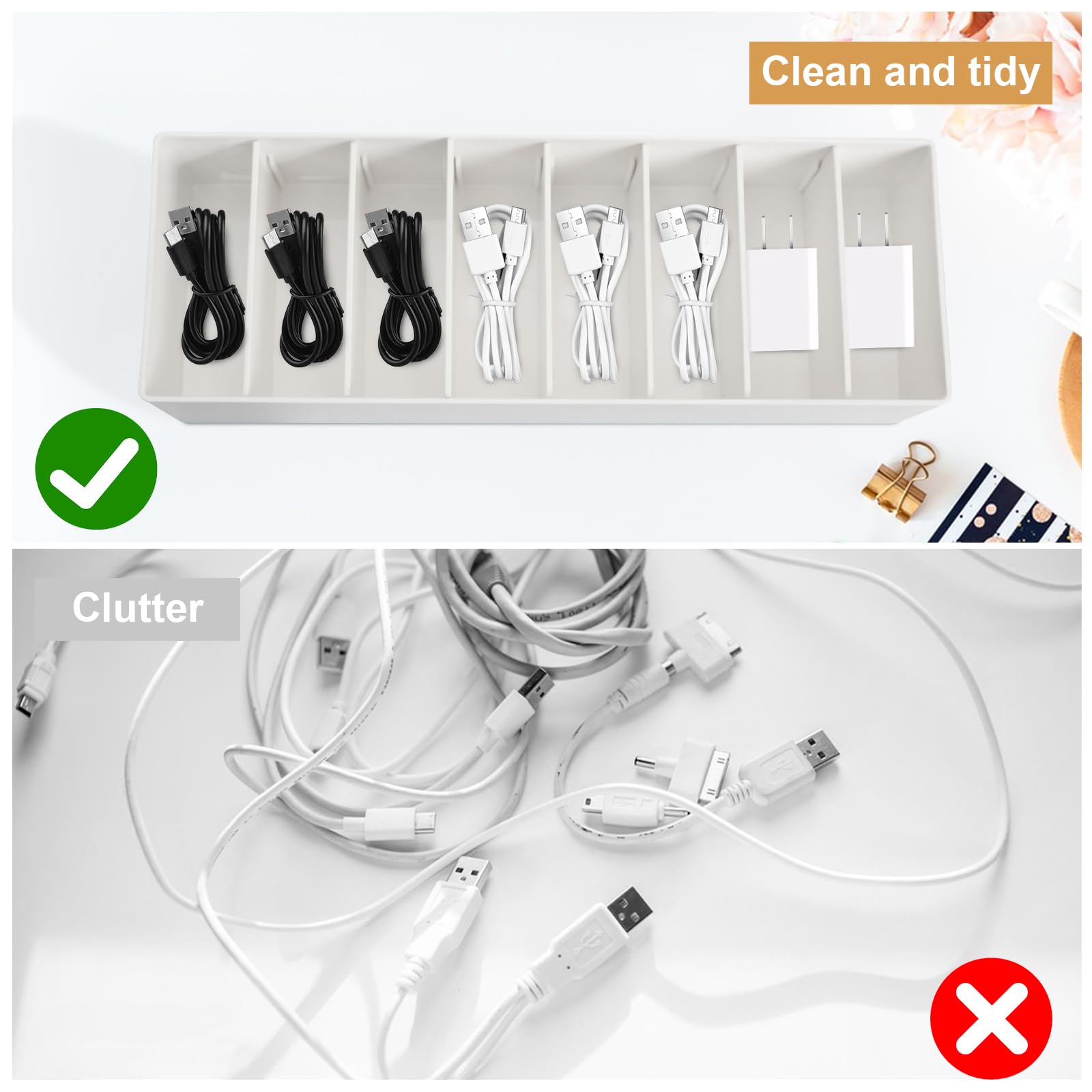Culinavog Cable Organiser, 2 PCS Cable Storage Box with Adjustable Compartments, Small Plastic Desk Tidy Organiser - Image 3